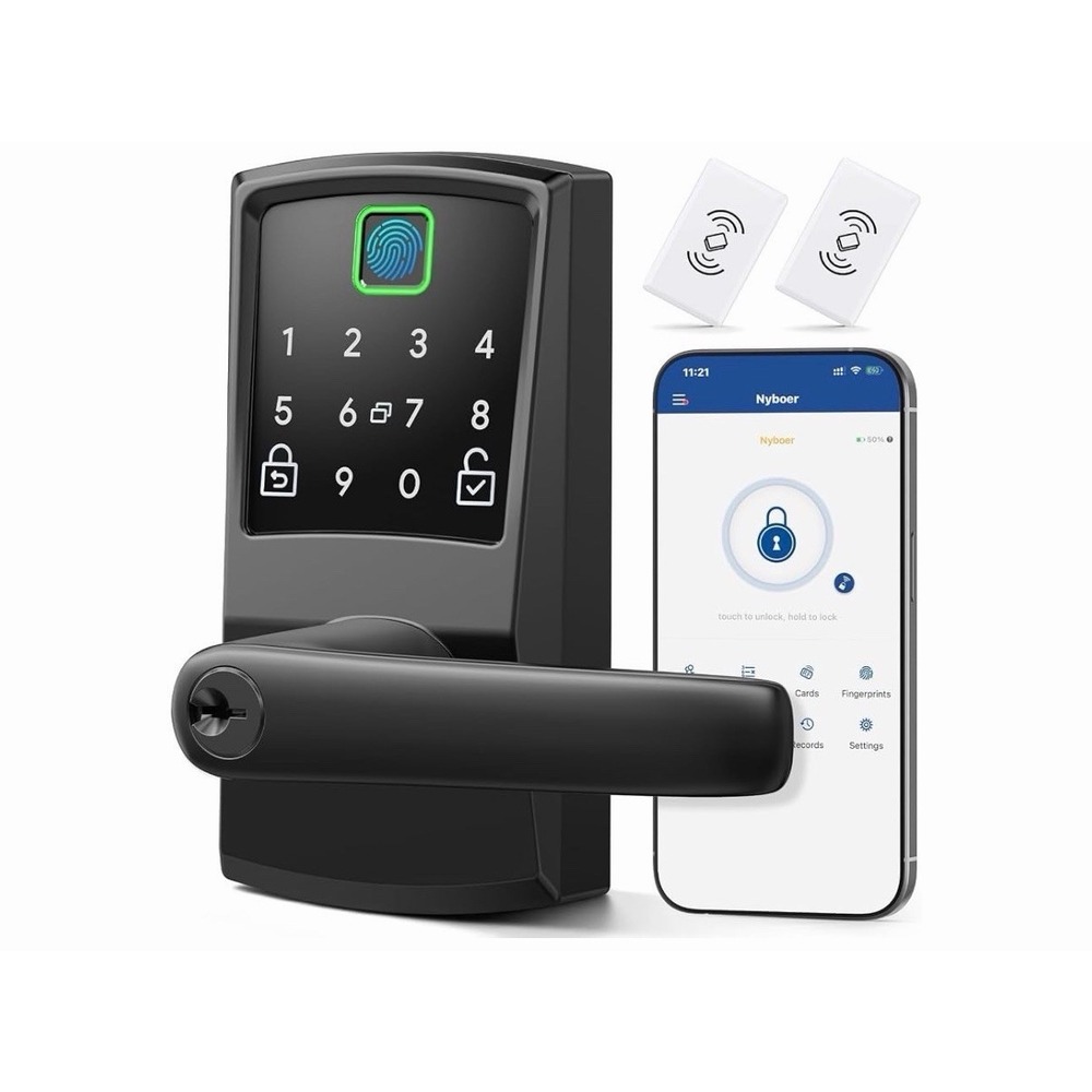 Nyboer Fingerprint Keyless Entry Keypad Smart Door Lock w/ Handle Matte Black